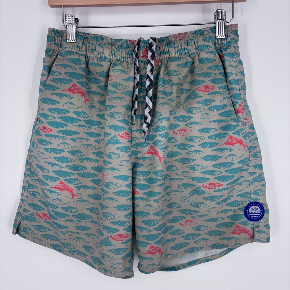 AFTCO Swim Trunks Mens S Tan Green Pink Fish Print Boatbar Shorts Fishing Beach‎